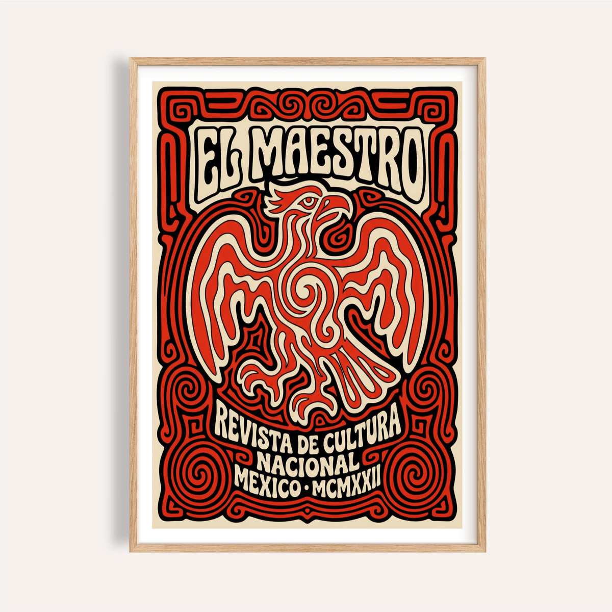 Featuring bold El Maestro lettering and eagle poster wall art in ornate border