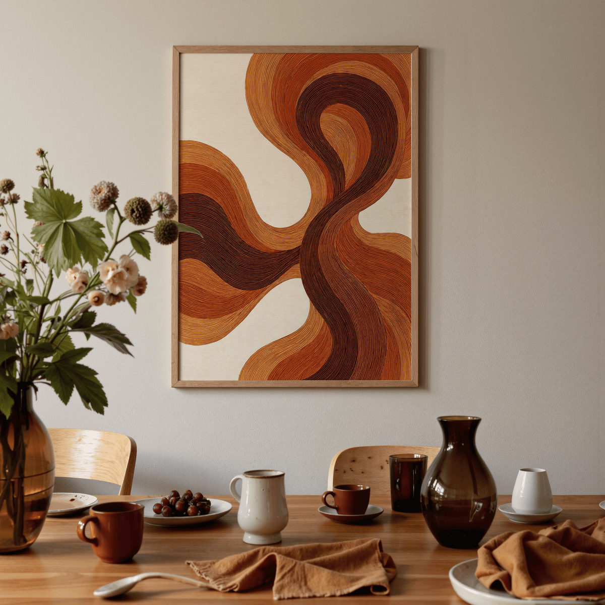Organic Line Poster abstract linear design, beige and orange, den wall
