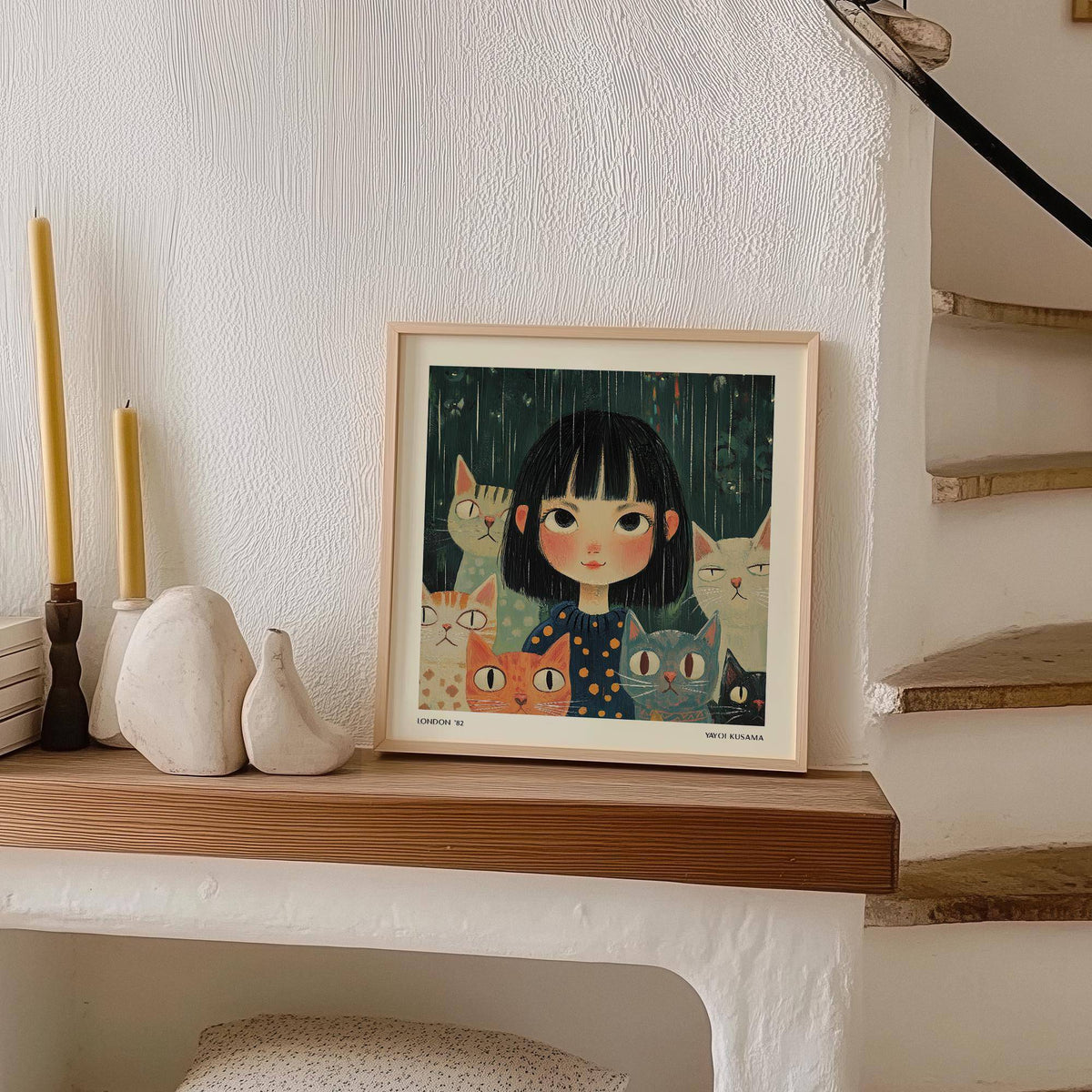 Japandi wall decor featuring girl and cats in minimalist painting style