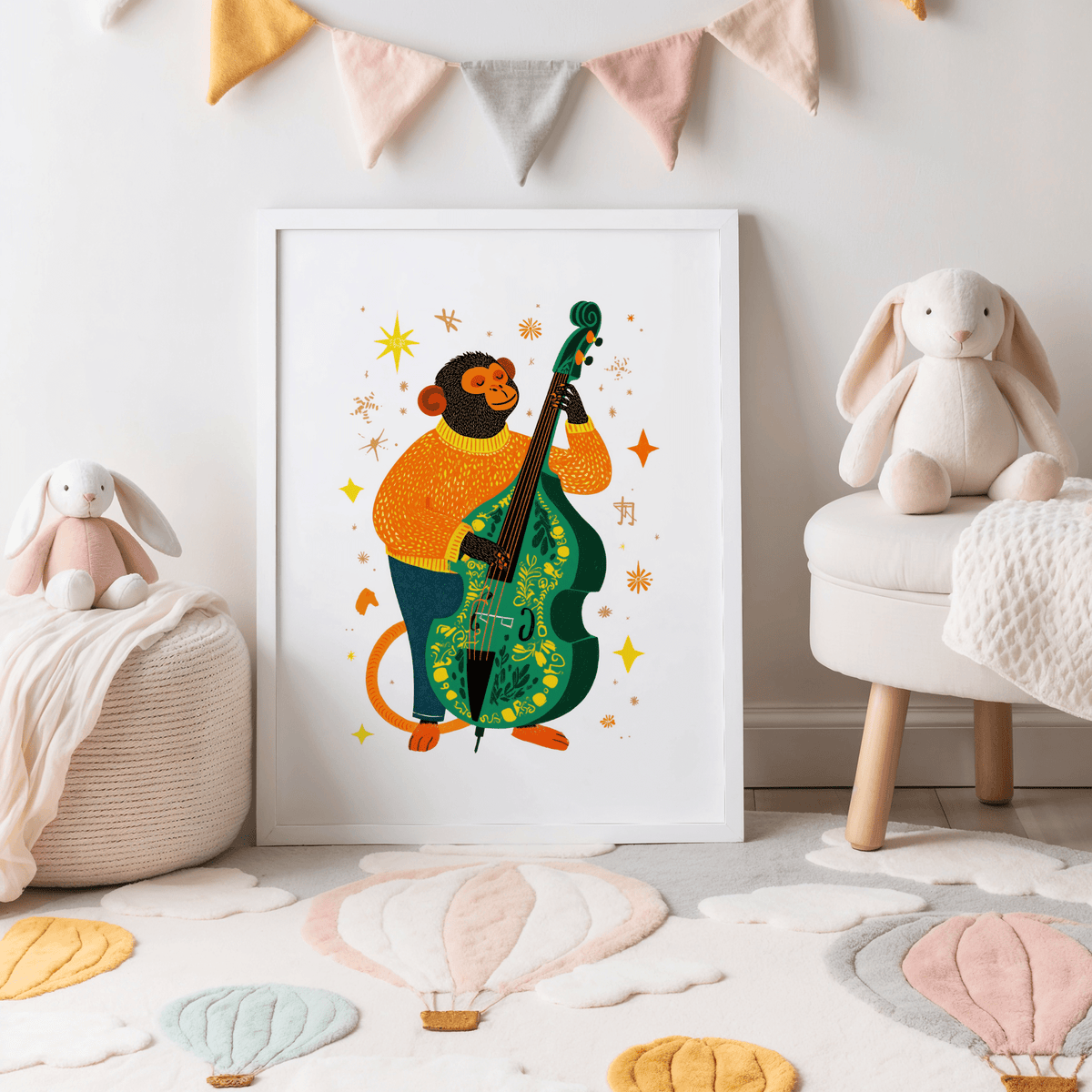 Musical Monkey Art Print in multicolored tones for playroom decor