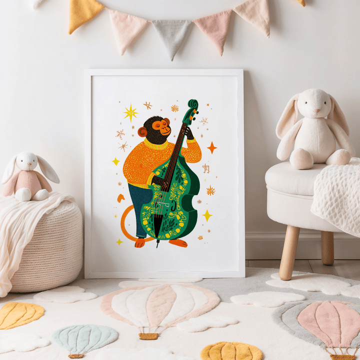 Musical Monkey Art Print on a wall print leaning in a nursery with soft toys and a bunting