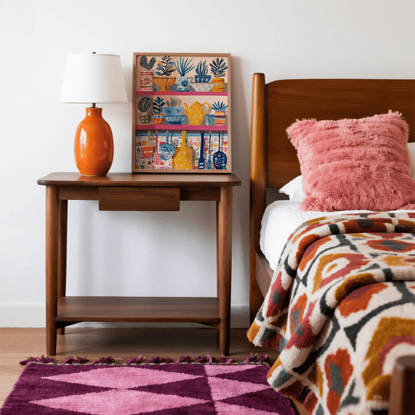 Boho Kitchen Print with bright blue, orange, yellow for kitchen decor print