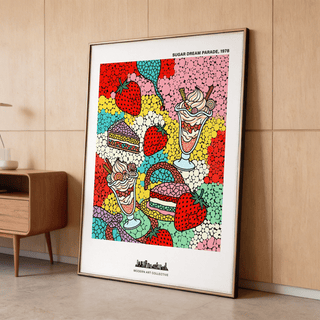 Close-up of Pop Art Dessert Print with dotted mosaic background and dessert illustrations