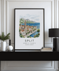 Minimal text Split poster print with coordinates below a watercolor city skyline
