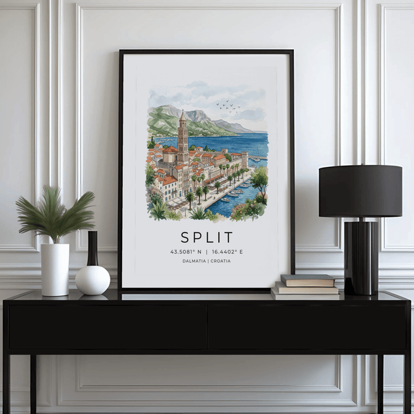Minimal text Split poster print with coordinates below a watercolor city skyline