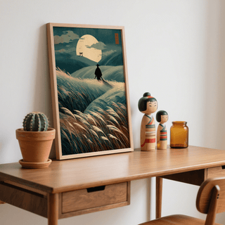 Vintage style landscape poster print with moonlight, hills, and tall grass
