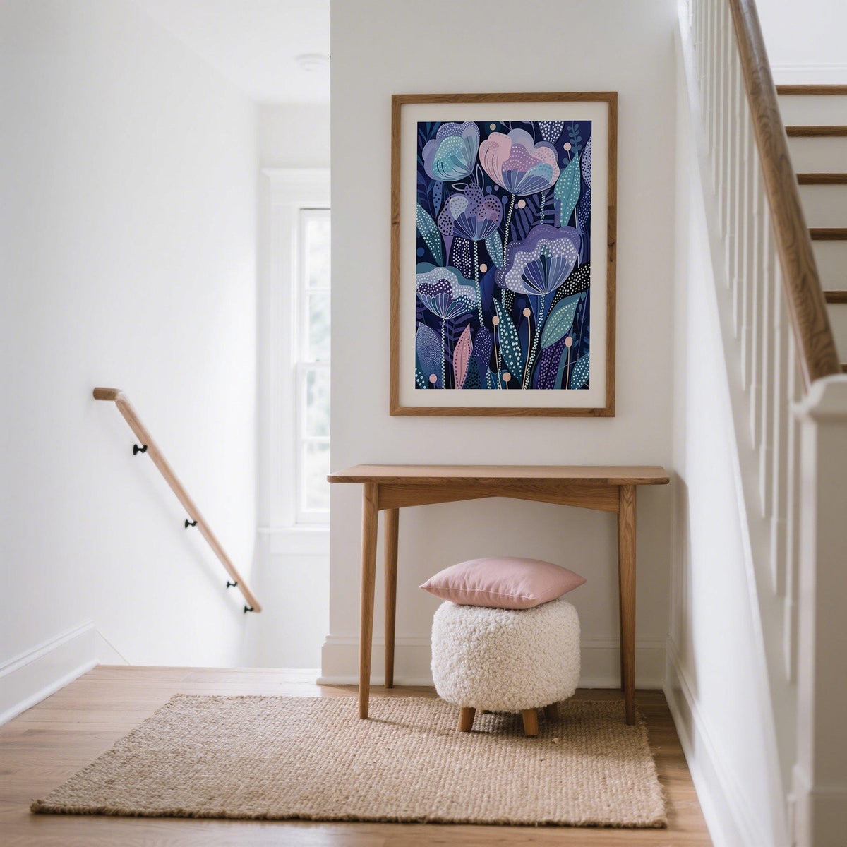 Purple Flower Poster showing bold dot patterns and soft floral forms.