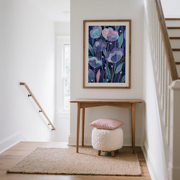 Purple Flower Poster showing bold dot patterns and soft floral forms.