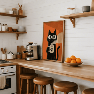 Cat Coffee Mug Print featuring Black cat, Orange background, living room decor