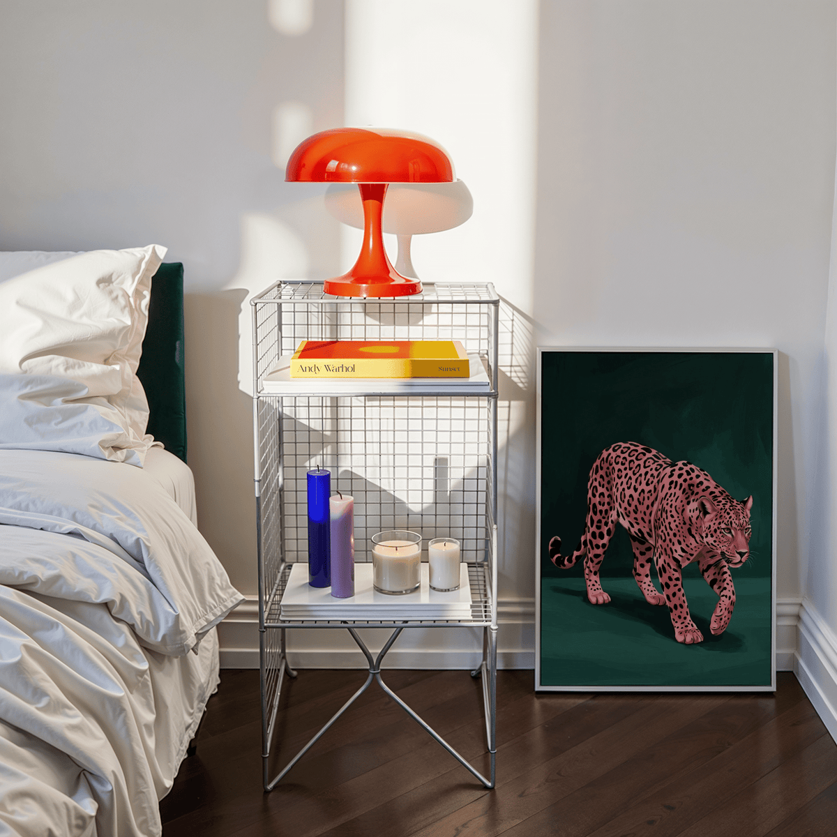Vibrant Pink Leopard Wall Art poster, green tones highlight pink leopard for den