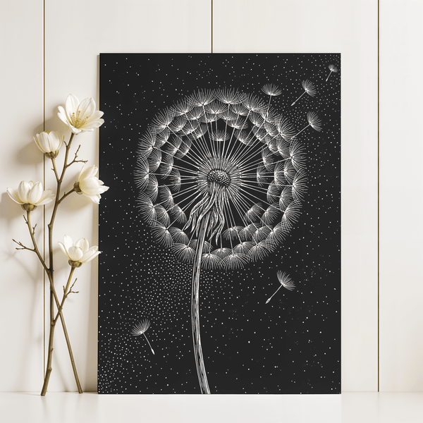 Modern Dandelion Poster black and white tones for hallway wall art