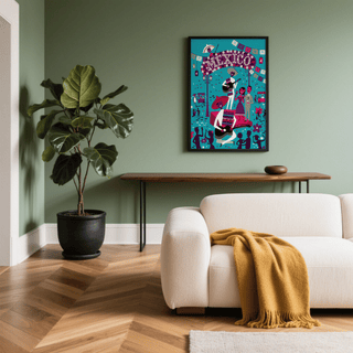 Bold shapes create layered procession of musicians and guests