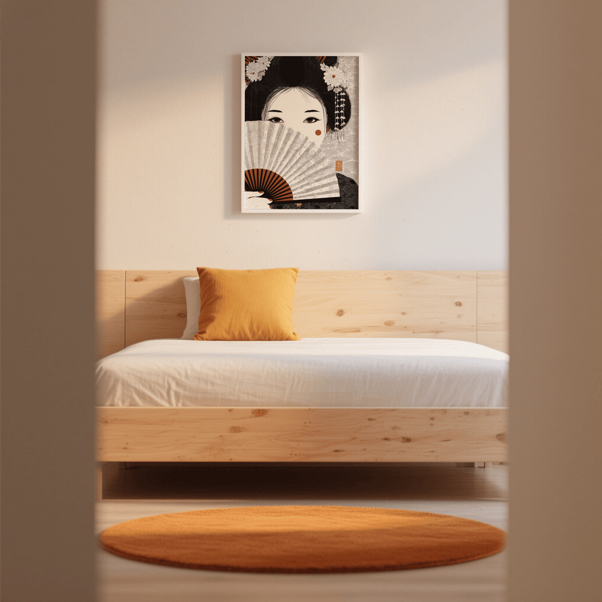Japanese Geisha Art Print in minimalist colors for lounge room wall art