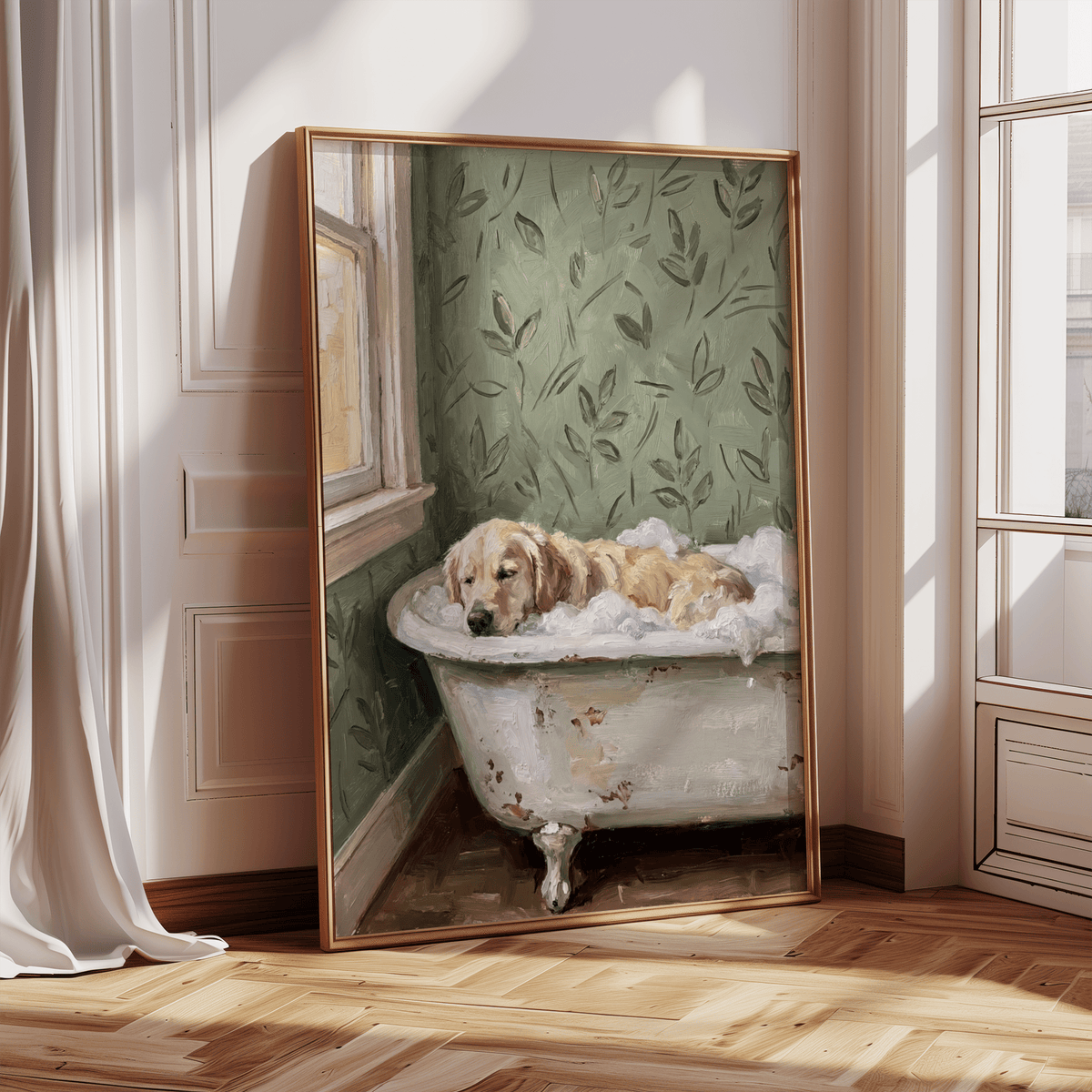 Golden Retriever Wall Art in Green-themed kitchen print