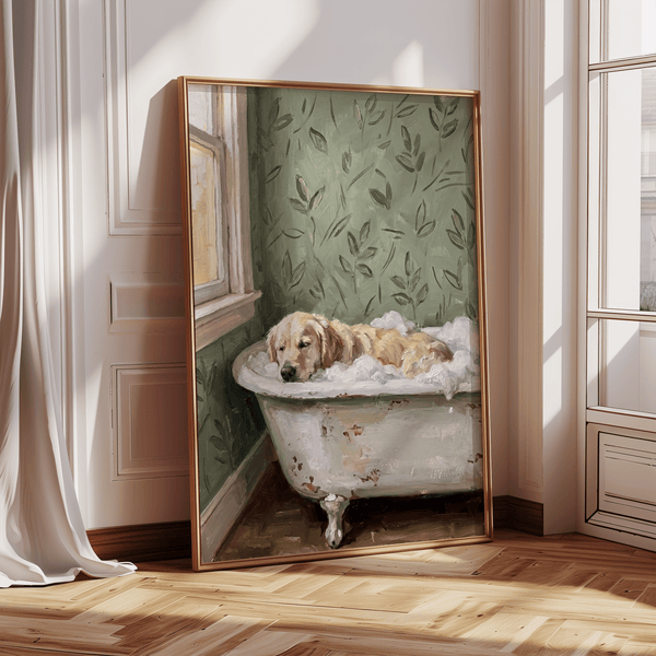 Golden Retriever Wall Art in Green-themed kitchen print