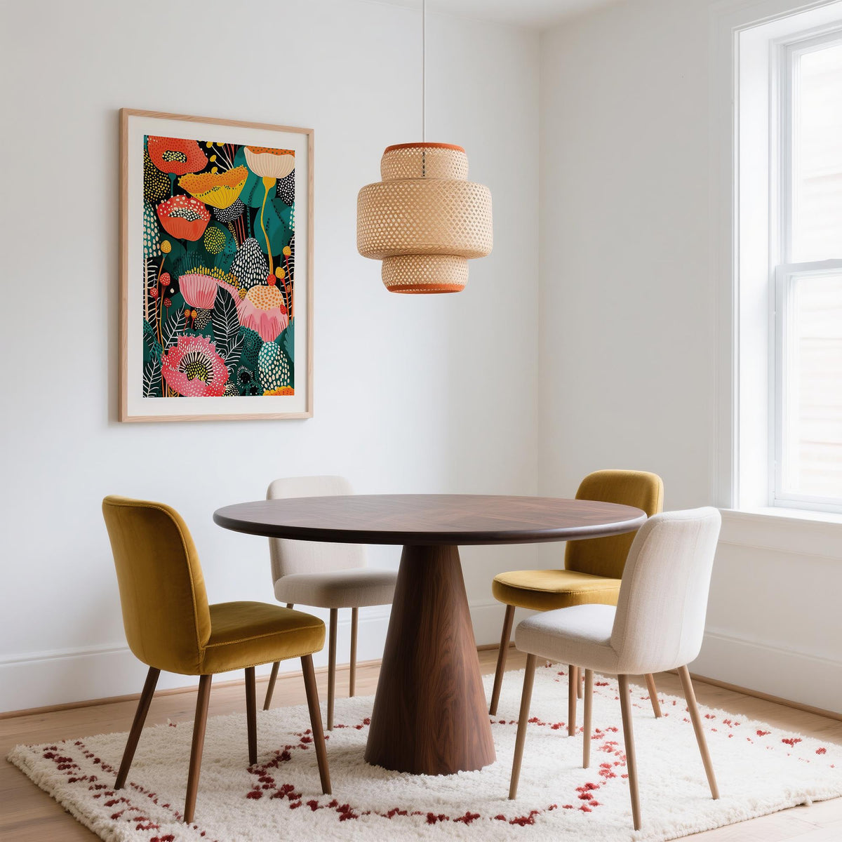 Close-up of vibrant flower wall art decor with oversized blooms and playful textures.