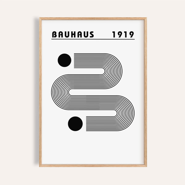 Black and white minimalist art print featuring Bauhaus-inspired geometric lines