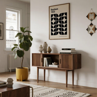 Abstract Bauhaus design featured in monochrome mid century art prints.