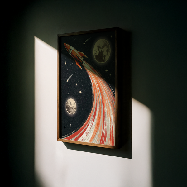 Rocket Ship Wall Art for living room in bold Red, Beige, White, Black