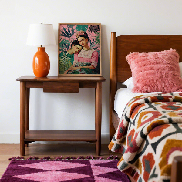 Wall Art Frida Kahlo displayed in a cozy, bohemian living room.