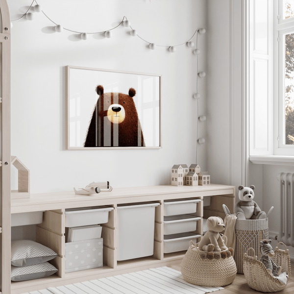 Cute Bear Art Print in brown, white, and beige tones, children’s room art print