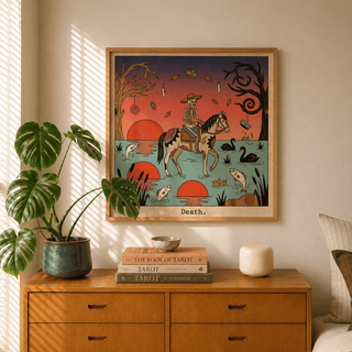 Death Tarot Card Art poster with skeleton rider, candles, and crowns over a lake