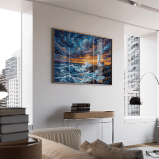 Ocean Landscape Print with bold Blue and Orange sky, ideal for nursery wall art