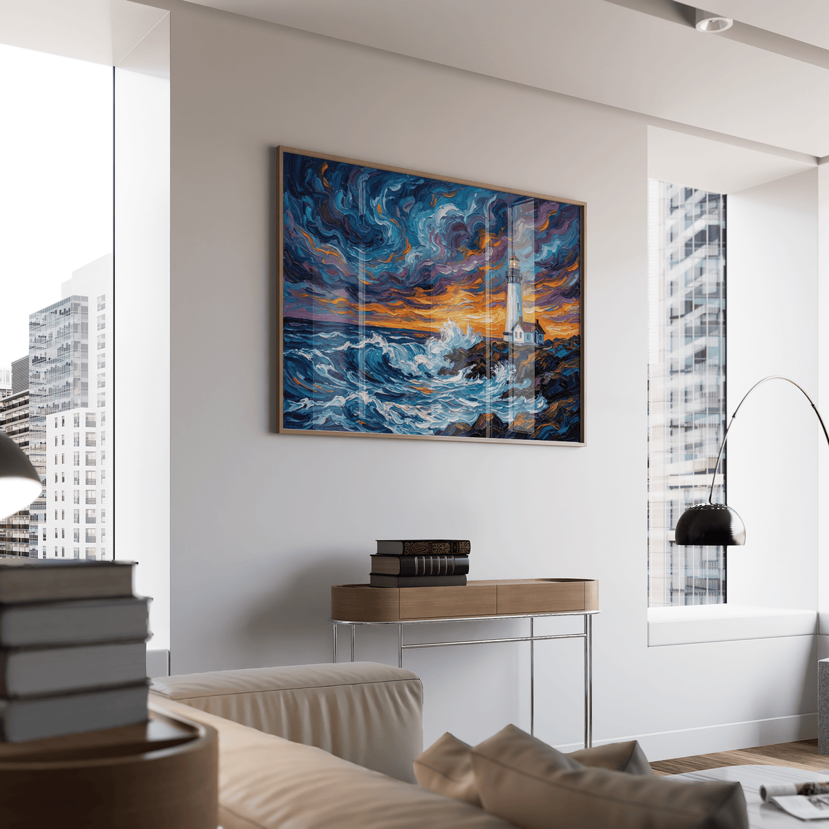 Ocean Landscape Print with bold Blue and Orange sky, ideal for nursery wall art