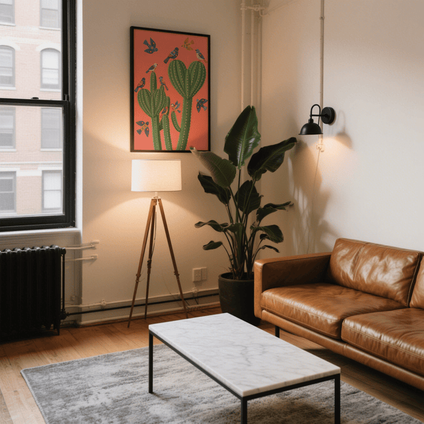 Decorative Cactus Poster Print with green cacti, pink backdrop, wall art for hallway