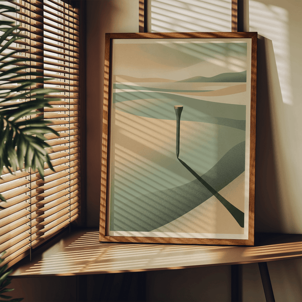 Minimalist Landscape Art Print depicting solitary vertical post across tiered terrain