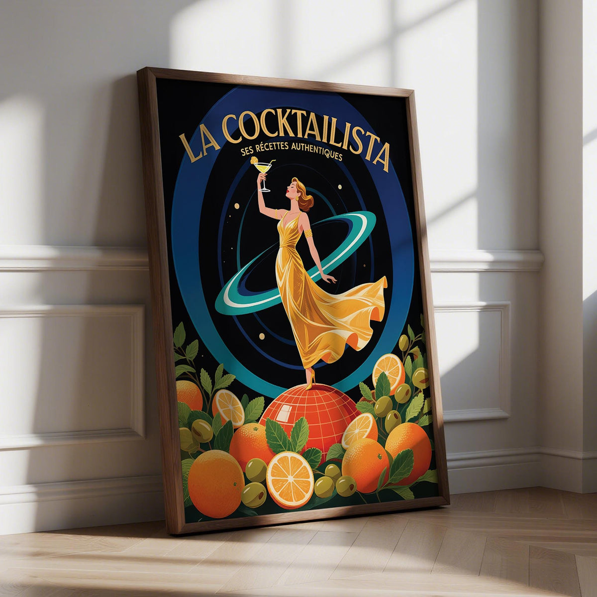 Prints for Bar artwork featuring a glamorous woman in gold and citrus accents.