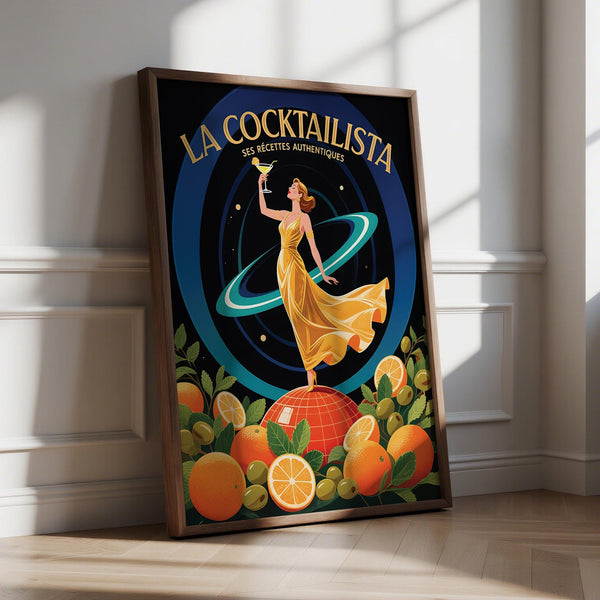 Prints for Bar artwork featuring a glamorous woman in gold and citrus accents.