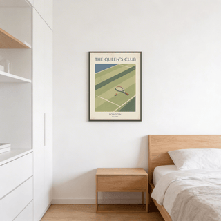 London tennis club poster print with THE QUEEN’S CLUB title and EST. 1886 text