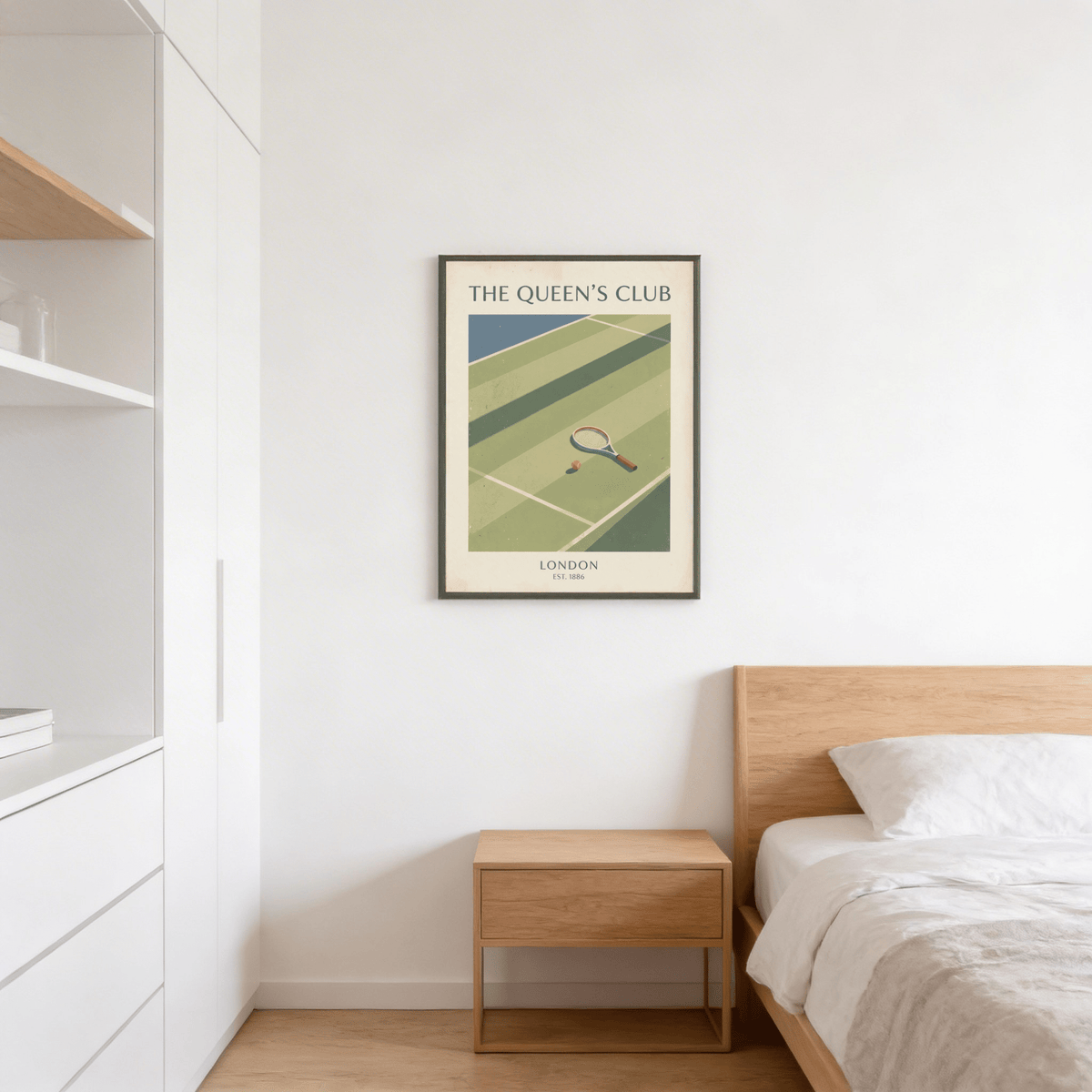 London tennis club poster print with THE QUEEN’S CLUB title and EST. 1886 text