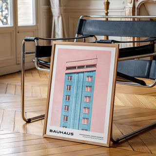 Tall building in pastel hues featured in mid century modernist art.