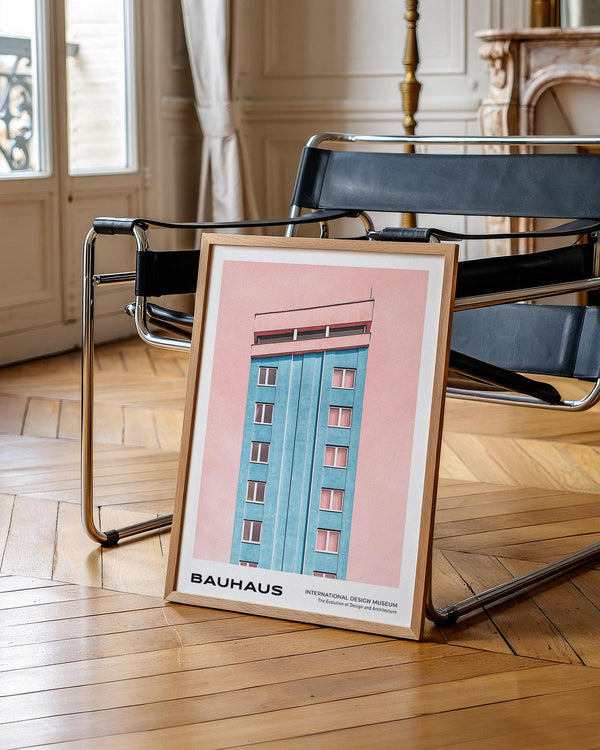 Tall building in pastel hues featured in mid century modernist art.