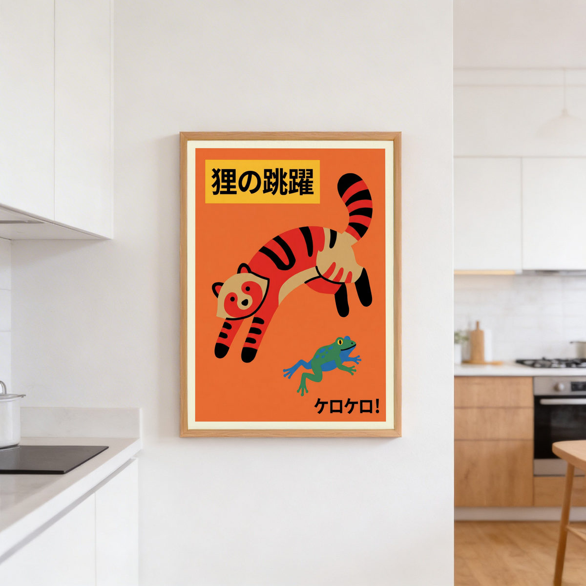Orange, red, and green cat poster print with a leaping striped cat and frog