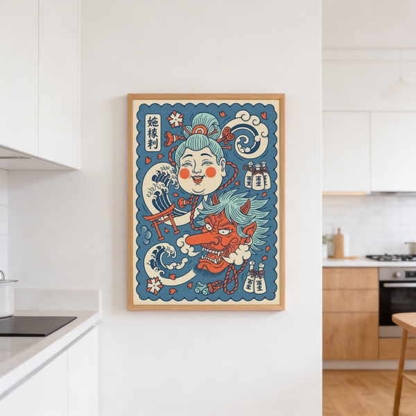 Vertical panel illustration with kanji, dragon, and fox silhouettes