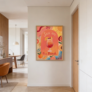 Bordered fruit-and-cocktail poster print with sun-like shapes and hand-painted texture