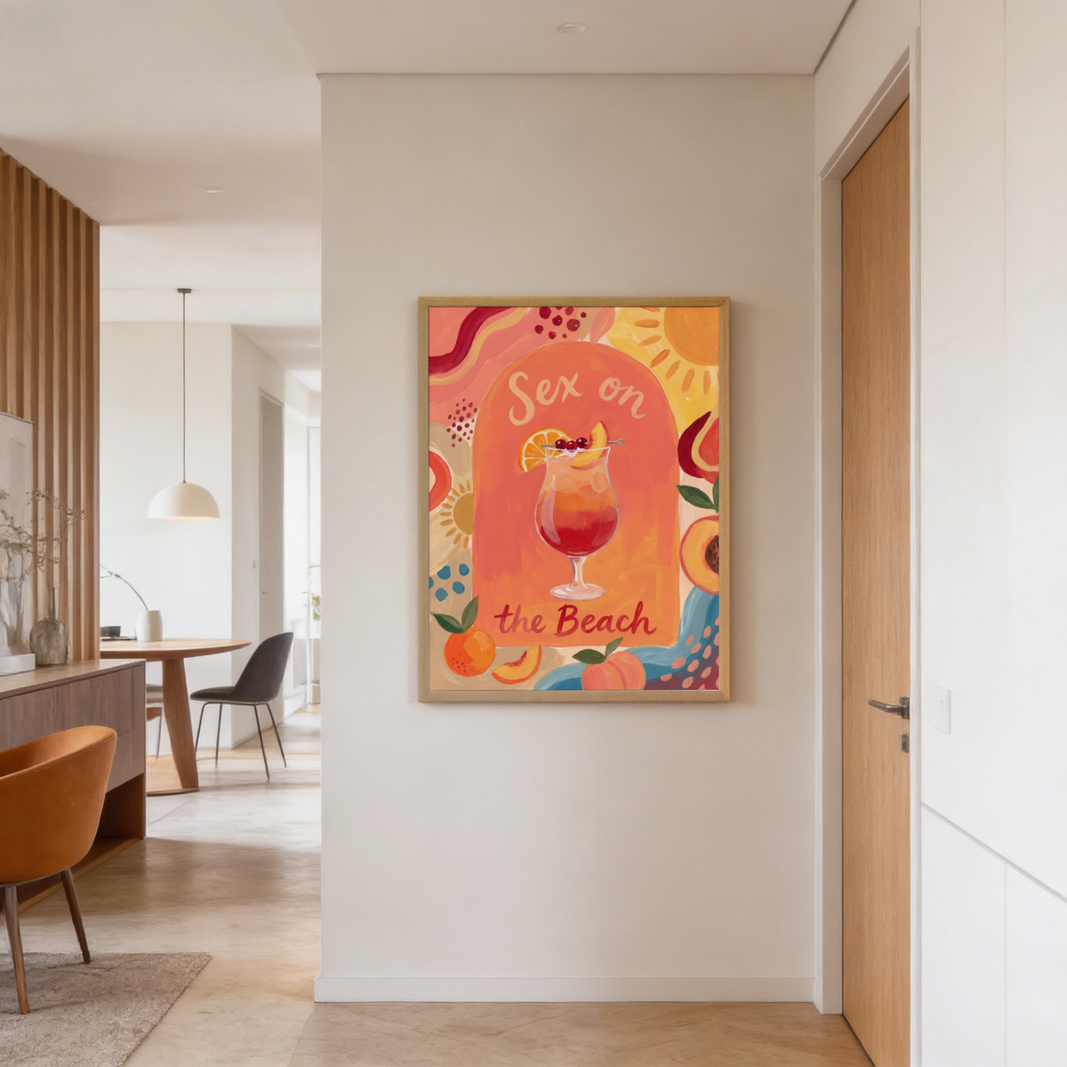 Bordered fruit-and-cocktail poster print with sun-like shapes and hand-painted texture