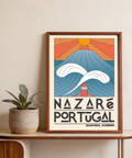 Nazaré Portugal poster print featuring typographic title and simplified seascape