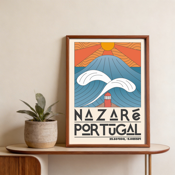 Nazaré Portugal poster print featuring typographic title and simplified seascape