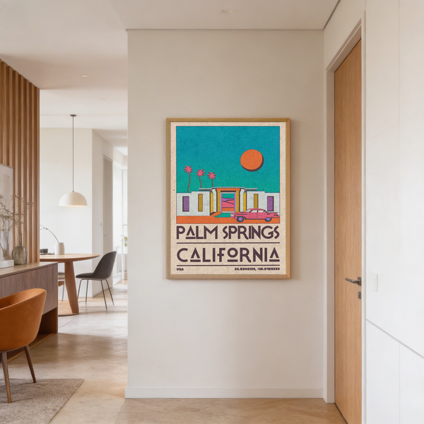 Text-led Palm Springs Art Print poster reading Palm Springs California with coordinates at the bottom