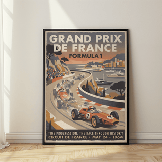 Foreground race car on a curved track with harbor yachts, Formula 1 Art Print