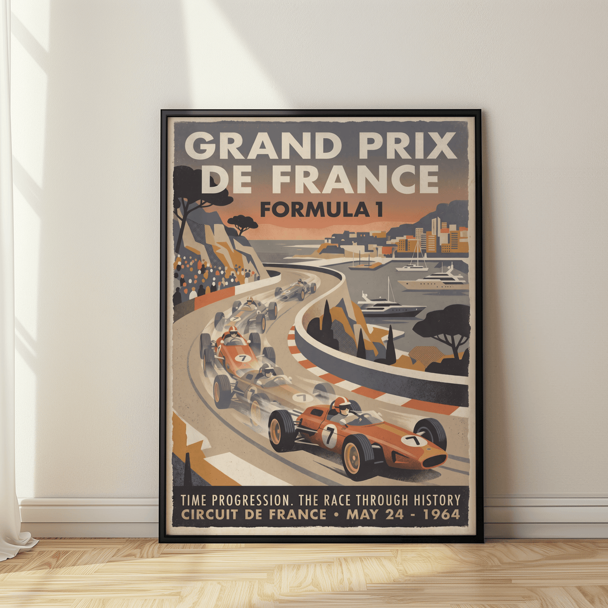 Foreground race car on a curved track with harbor yachts, Formula 1 Art Print