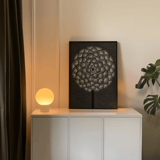 Dandelion Wall Print showing Black background, White detail, living area