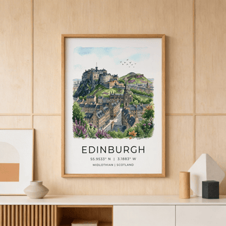 Illustrated Edinburgh Cityscape Art Print with hilltop castle and town rooftops poster