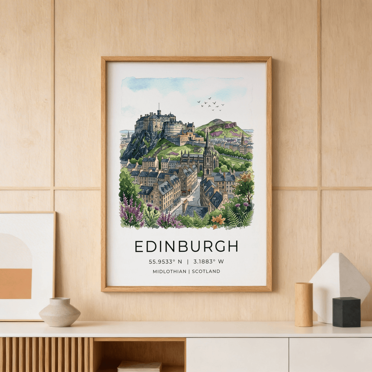 Illustrated Edinburgh Cityscape Art Print with hilltop castle and town rooftops poster