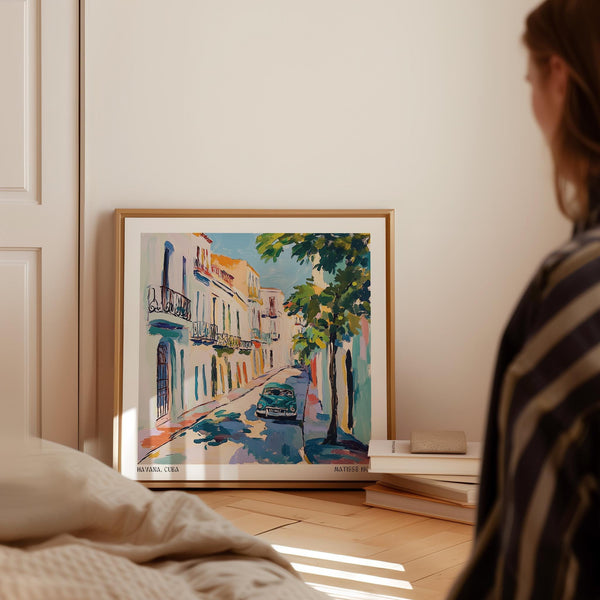 Expressive Havana print with coral and turquoise tones in Paintings of Cuba.