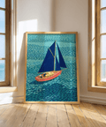 Colorful Sailboart Poster with Blue sails and Pink deck for kid's playroom wall art